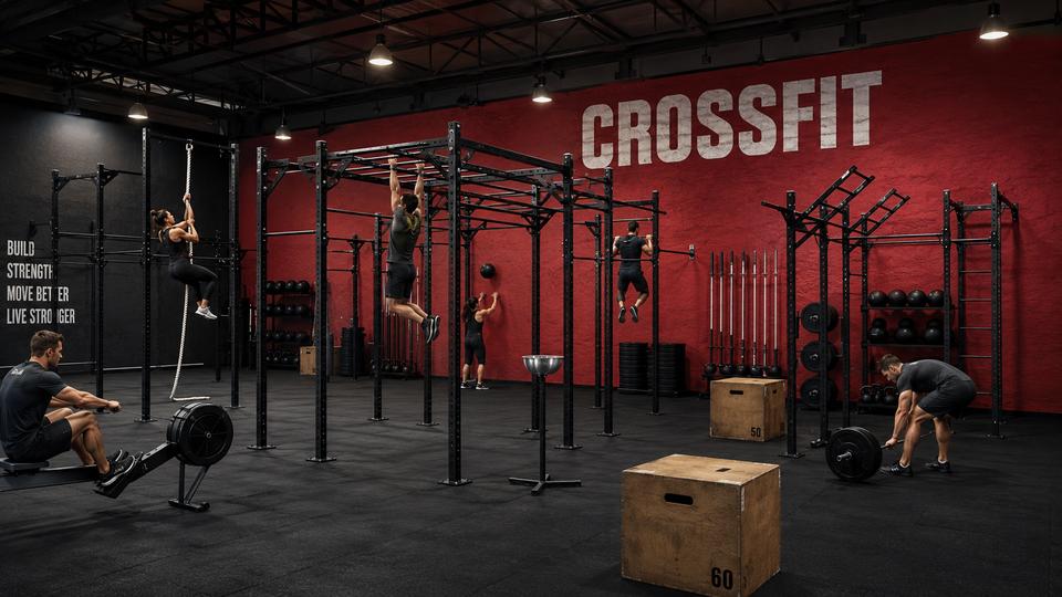Estructura CrossFit en módulos combinados dentro de un gimnasio